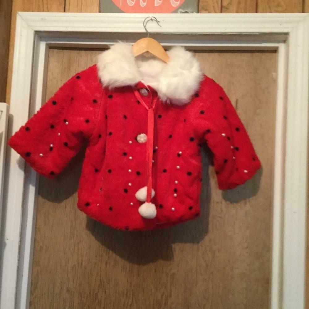 Faux fur coat  Girls, New never worn red and white black spots has pearls
